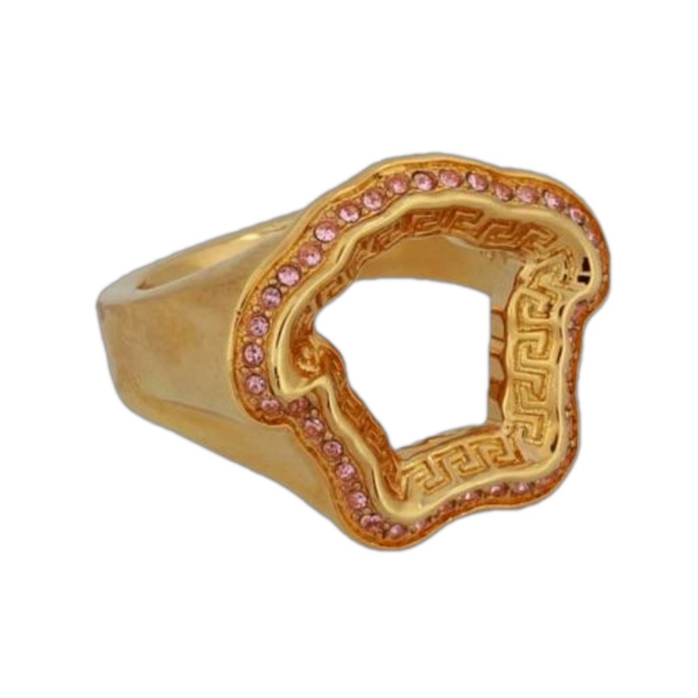 Versace Gold w Pink Crystals Embellished Medusa Greca Ring - NEW